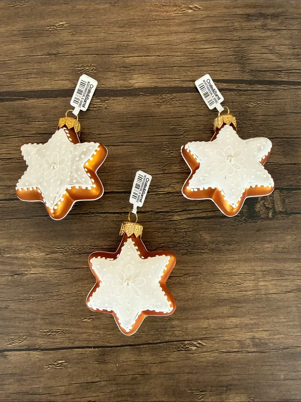 Crate&Barrel White and Gold Star Cookie Ornament Set of 3.